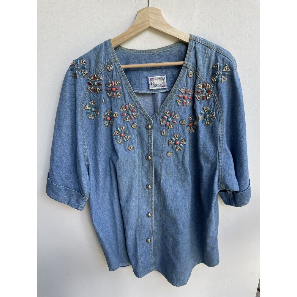 Women's Blue Jean Denim Shirt Bust 50” Embellished Button Front Monique Fashions